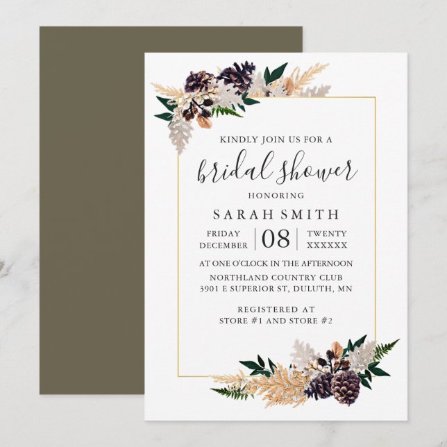 Rustic Elegance Pine Cone and Fern Bridal Shower Invitation (Front/Back)