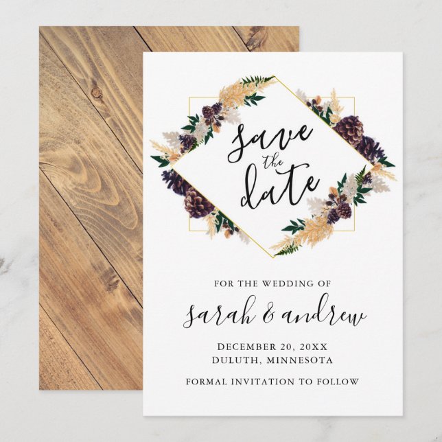 Rustic Elegance Pine Cone Greenery Save the Date (Front/Back)