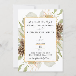 Rustic Elegance, Pinecone Frame on White Invitation