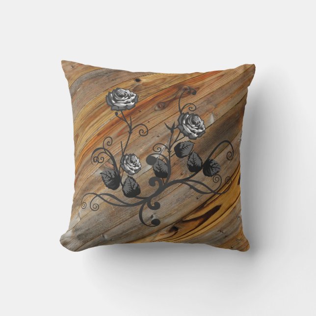 Rustic Elegance Wood And Roses Throw Pillow (Front)
