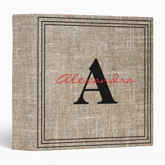 Rustic Elegant Beige Modern Monogram Script Linen Binder (Front/Spine)