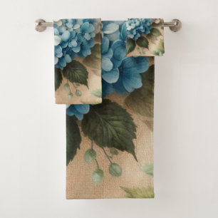 Rustic Elegant Blue Hydrangea Floral  Bath Towel Set