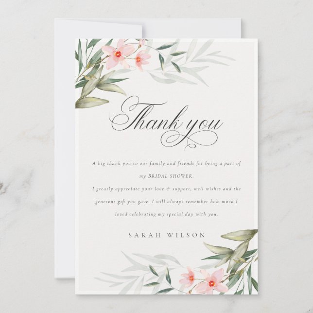 Rustic Elegant Blush Greenery Floral Bridal Shower Thank You Card (Front)
