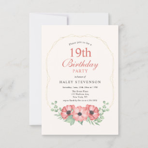 Rustic Elegant Blush Pink Floral 19th Birthday Invitation