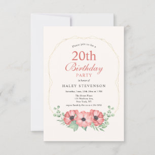 Rustic Elegant Blush Pink Floral 20th Birthday Invitation
