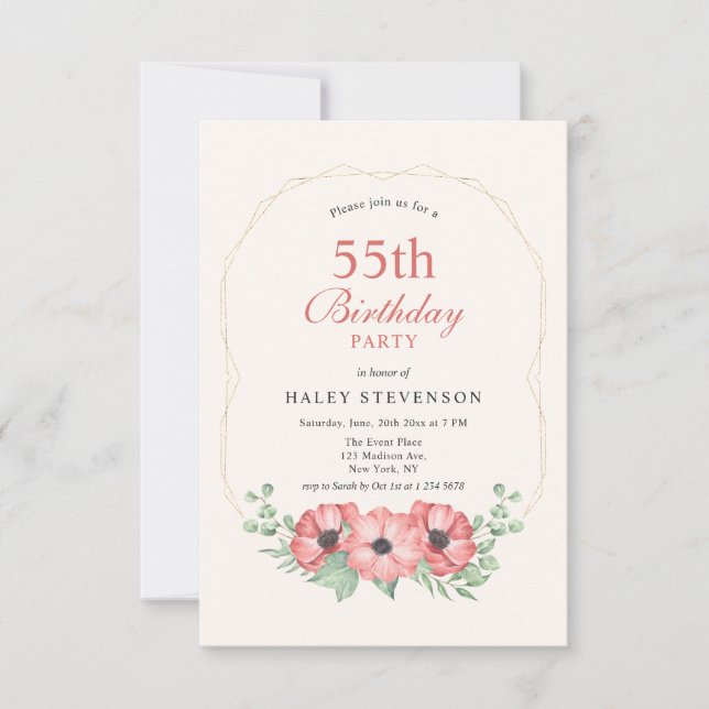 Rustic Elegant Blush Pink Floral 55th Birthday Invitation (Front)