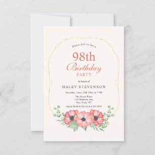 Rustic Elegant Blush Pink Floral 98th Birthday Invitation