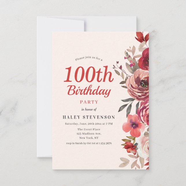 Rustic Elegant Boho Chic Floral 100th Birthday Invitation (Front)