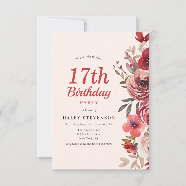 Rustic Elegant Boho Chic Floral 17th Birthday Invitation (Front)