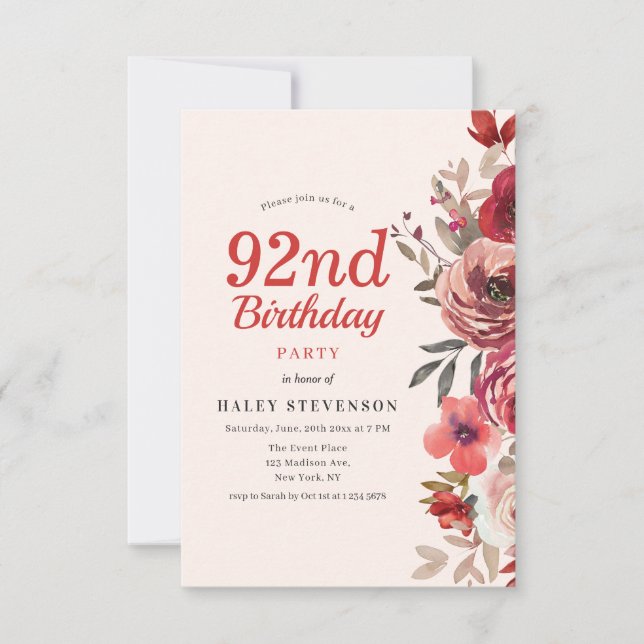 Rustic Elegant Boho Chic Floral 92nd Birthday Invitation (Front)