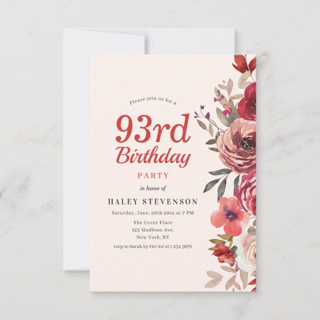 Rustic Elegant Boho Chic Floral 93rd Birthday Invitation (Front)