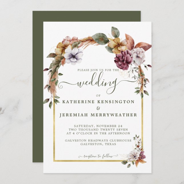Rustic Elegant Boho Floral Arch Wedding Invitation (Front/Back)