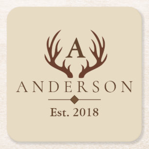 Rustic Elegant Brown Deer Antlers & Family Name Square Paper Coaster