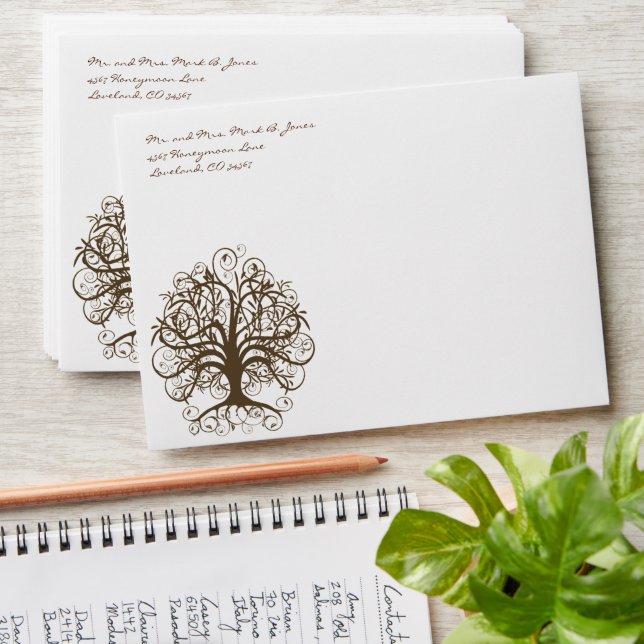 Rustic Elegant Brown Tree Swirl Wedding Envelopes (Stacked)