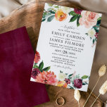 Rustic Elegant Burgundy Blush Fall Floral Wedding Invitation<br><div class="desc">This rustic style wedding invitation design features elegant wording framed by a wreath of summer and fall watercolor flowers, including roses, dahlias, peony flowers, and greenery, in a gorgeous autumn palette of burgundy red, golden yellow, peach orange, blush pink, and shades of green. Personalize the stylish dark grey text for...</div>