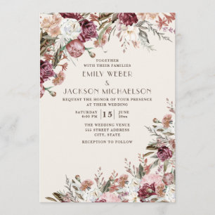 Rustic Elegant Burgundy Blush Pink Floral Wedding Invitation
