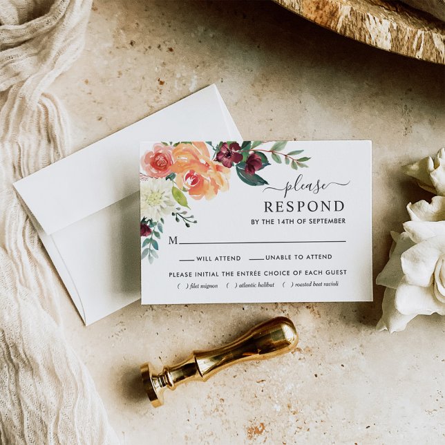 Rustic Elegant Burgundy Fall Floral Wedding RSVP Card (Creator Uploaded)