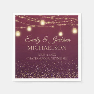 Rustic Elegant Burgundy Gold String Lights Wedding Napkin