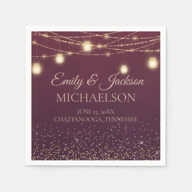 Rustic Elegant Burgundy Gold String Lights Wedding Napkin (Front)