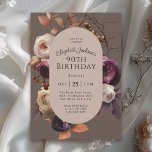 Rustic Elegant Fall Floral 90th Birthday Party Invitation<br><div class="desc">Celebrate a special milestone birthday in luxurious style with this custom fall floral 90th birthday party invitation. Lovely cabbage roses, garden roses, berries, fall leaves and branches combine in cream, pink, and plum to add a look of warmth, rustic elegance and hospitality. A neutral mocha brown background adds contrast and...</div>