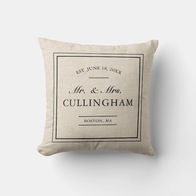 Rustic Elegant Faux Burlap Wedding Date Throw Pillow (Front)