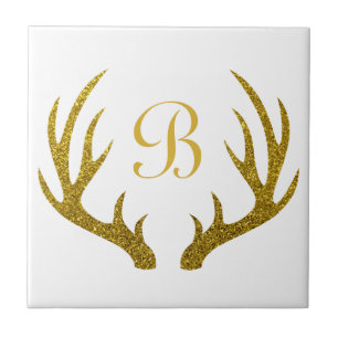 Rustic Elegant Faux Gold Glitter Deer Antlers Tile