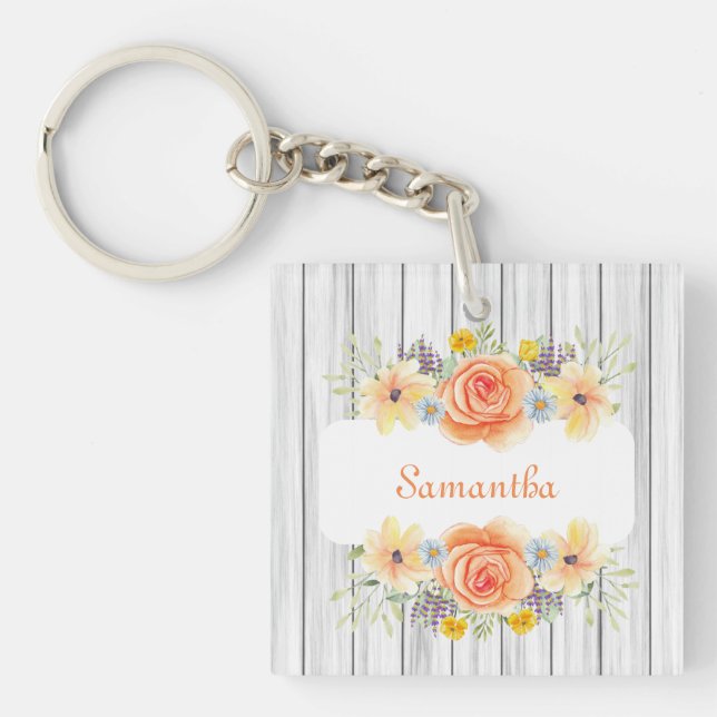 Rustic Elegant Floral Design Add Your Name Keychain (Front)