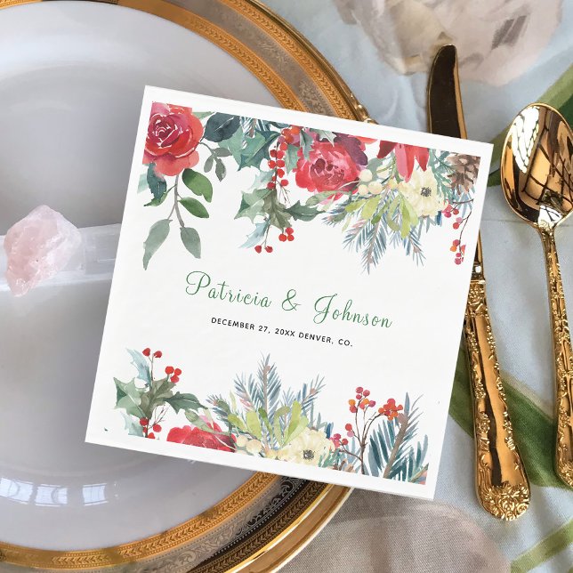Rustic elegant floral modern Christmas wedding Napkin (Creator Uploaded)