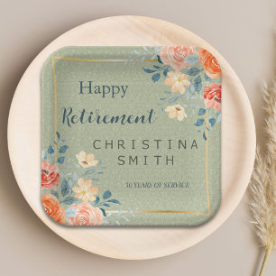 Rustic Elegant Floral Watercolor Retirement Party Paper Plate