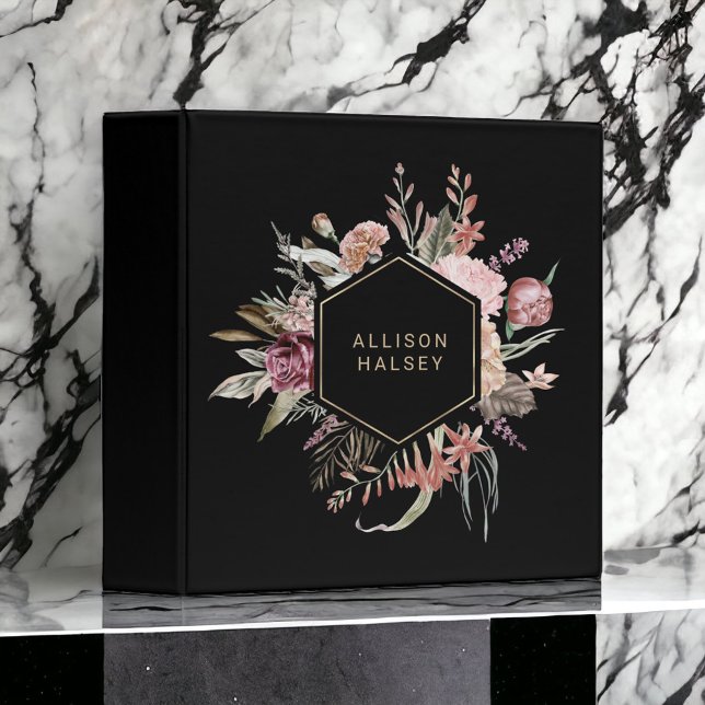 Rustic Elegant Floral with Geometric Frame Binder (A beautifully feminine and elegant 3-ring binder for work, home, or school.)