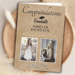 Rustic Elegant Gold Ornament 2 Photo Graduation Card<br><div class="desc">Rustic Elegant Gold Ornament Congratulations 2 Photo Graduation Card. Elegant gold ornament on rustic beige background. Personalize with the graduate`s name, graduation year, school name and add 2 graduate photos - you can use before and after photos. Add your message inside or erase it. Make a unique card for a...</div>