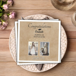 Rustic Elegant Gold Ornament 2 Photo Graduation Napkin