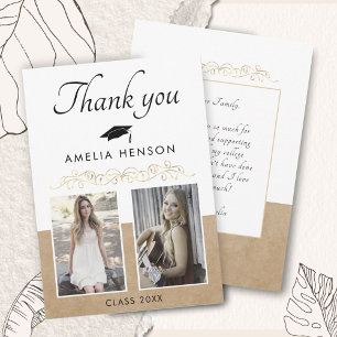 Rustic Elegant Gold Ornament 2 Photo Graduation Thank You Card