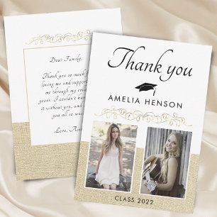 Rustic Elegant Gold Ornament 2 Photo Graduation Thank You Card