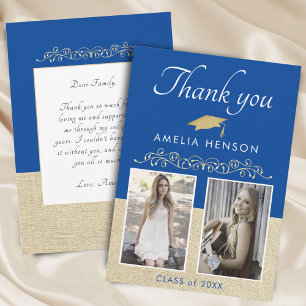 Rustic Elegant Gold Ornament 2 Photo Graduation  Thank You Card