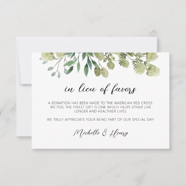 Rustic Elegant Greenery In Lieu of Favours Card (Front)