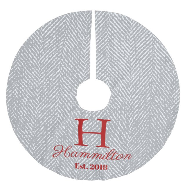 Rustic Elegant Grey Herringbone Personalized Brushed Polyester Tree Skirt (Front)