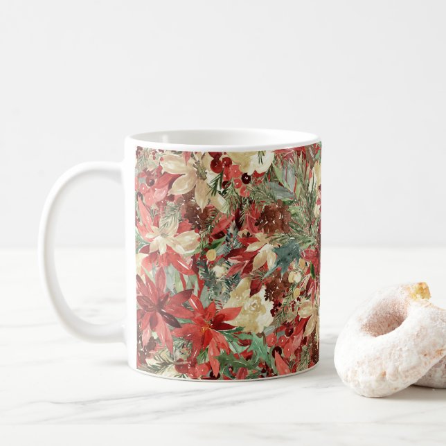 Rustic Elegant Holiday Poinsettia Christmas Floral Coffee Mug (With Donut)
