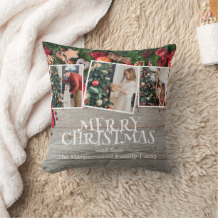 Rustic Elegant Joy Christmas Family Photo Collage Throw Pillow