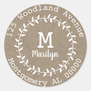 Rustic Elegant Leafy Wreath & Faux Burlap Address Classic Round Sticker