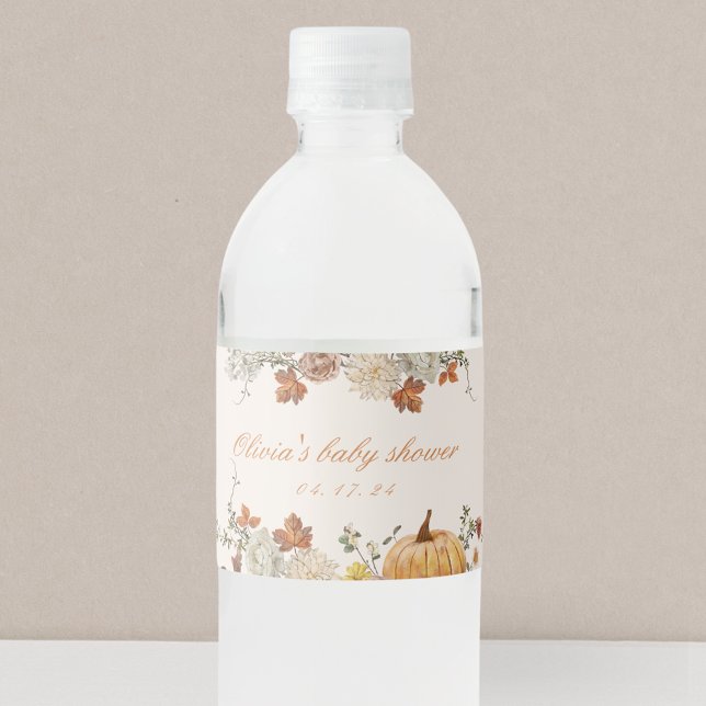 Rustic Elegant Little Pumpkin Fall Baby Shower Water Bottle Label (Creator Uploaded)