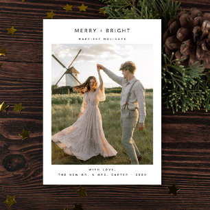 Rustic Elegant Merry and Bright Photo Newlywed Holiday Card