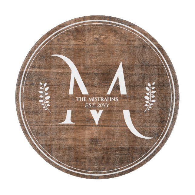 Rustic & Elegant Monogram Faux Wood Round Cutting Board (Front)