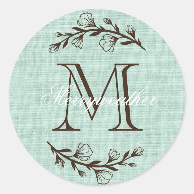 Rustic Elegant Monogram Floral Teal Brown Burlap Classic Round Sticker (Front)