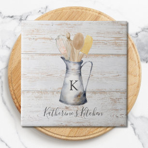 Rustic Elegant Monogram Kitchen Utensils Tile