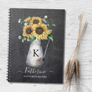 Rustic Elegant Monogram Sunflower Black Recipe Notebook