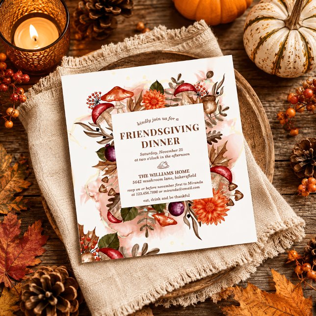 Rustic Elegant Mushrooms Fall Leaves Thanksgiving Invitation (Creator Uploaded)