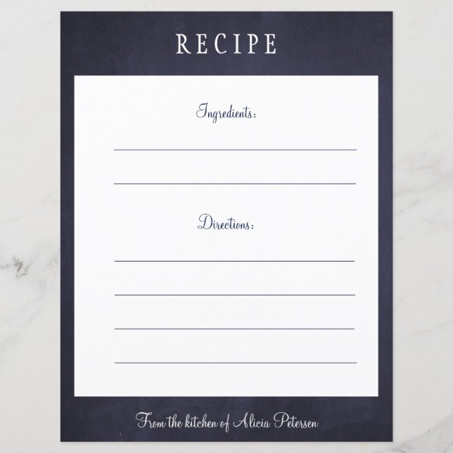 Rustic elegant navy blue chalkboard recipe card (Front)