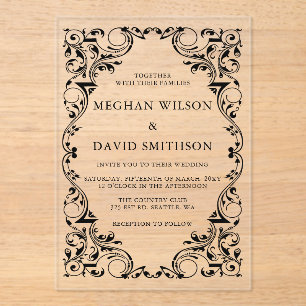 Rustic Elegant Ornamental Black Gold Wedding  Acrylic Invitations