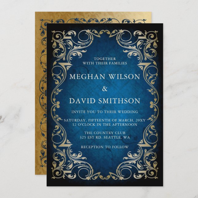 Rustic Elegant Ornamental Blue Gold Wedding   Invitation (Front/Back)